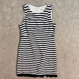 Eliza J Navy Blue White Striped Fringe Sleeveless Sheath Dress Sz 6 Linen Blend‎